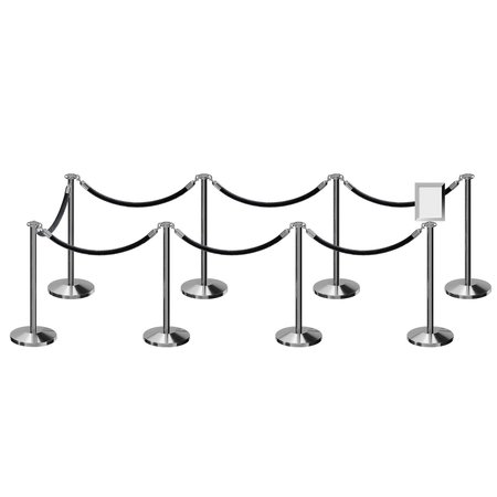 MONTOUR LINE Stanchion Post & Rope Kit Pol.Steel, 8FlatTop 7Blk Rope 8.5x11V Sign C-Kit-7-PS-FL-1-Tapped-1-8511-V-7-PVR-BK-PS